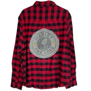 Bob Marley One Love Flannel Shirt Mens XL Shacket Buffalo Plaid Red Black Unisex